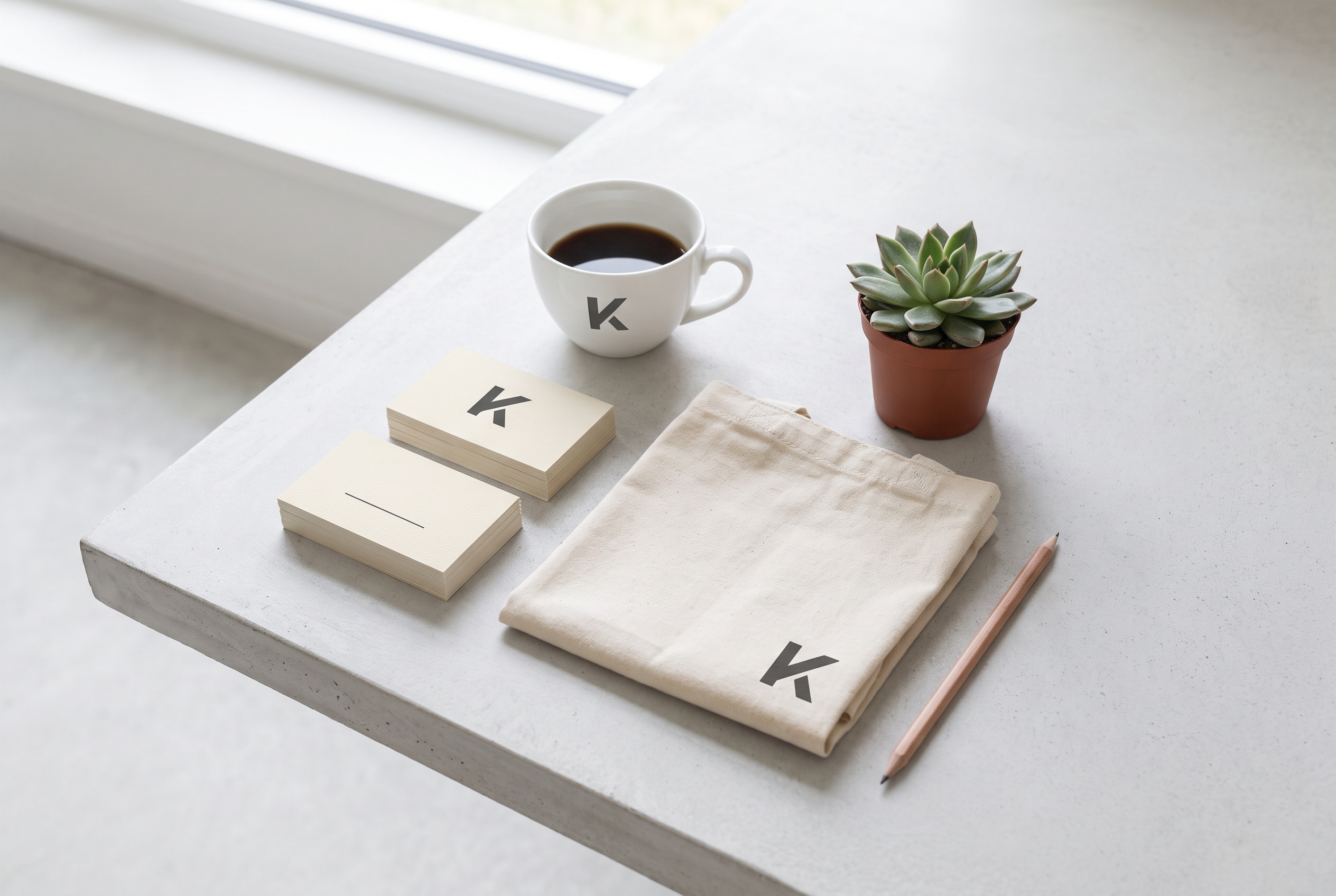 Midjourney V8 brand identity mockup — business cards, coffee cup, and tote bag flat lay
