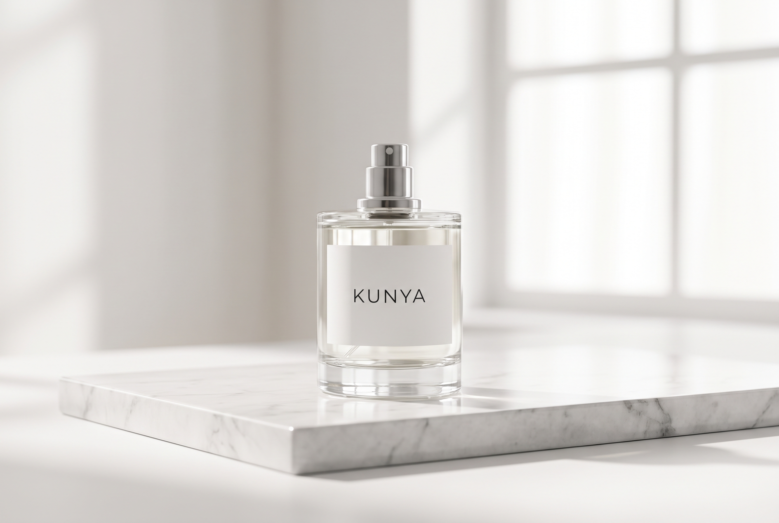Midjourney V8 photorealistic product photography — perfume bottle on marble with studio lighting